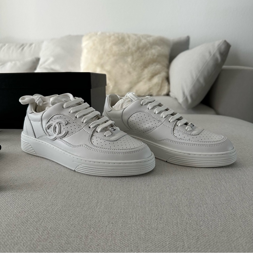 New Chanel Calfskin White Leather Sneakers 2023, Size 36.5